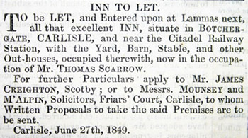 Caledonian Inn to let, Botchergate, Carlisle, 1849